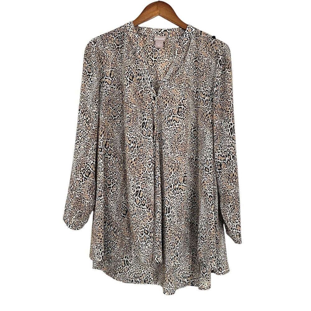Chicos Size 1 M 8/10 Convertible Cheetah-Print Shirt Womens Long Sleeve Chiffon - Picture 2 of 8